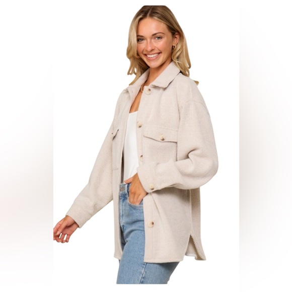 Shacket Collared Button Up Long Sleeve Oatmeal/ Cream stripe Shacket - Picture 5 of 6